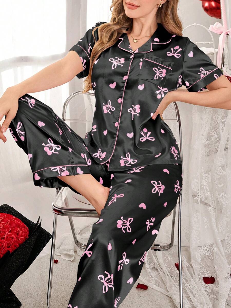 蝴蝶结和樱桃印花翻领纽扣仿丝女士睡衣套装蝴蝶结 - 黑色 - 查看 1