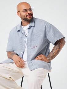 EASEVO 大码男士宽松休闲编织蓝白竖条纹短袖衬衫 - 藏蓝色 - 查看 1