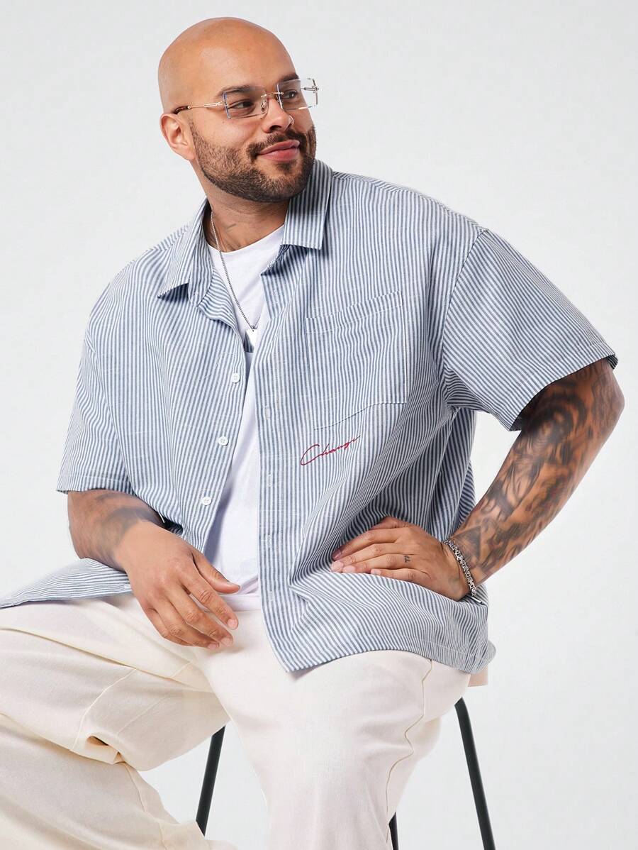 EASEVO 大码男士宽松休闲编织蓝白竖条纹短袖衬衫 - 藏蓝色 - 查看 1