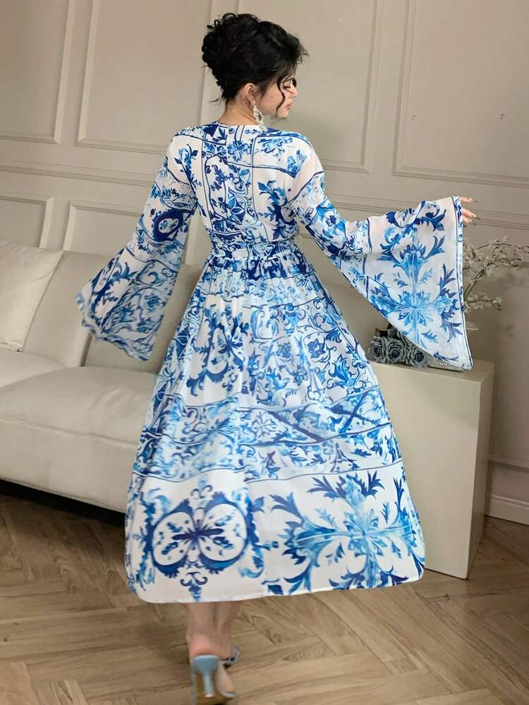 Women's Mid-Calf V-Neck Ruffle Sleeve Floral Chinoiserie Print Dress, Fall Dress Long Sleeve Dress Boho