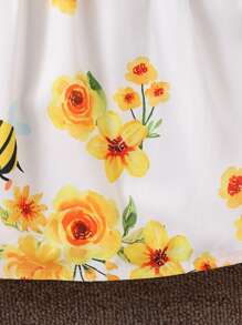 Baby Girl Dress With Floral Print Skirt And Contrast Bow Shoulder Straps, Summer - White - View 5
