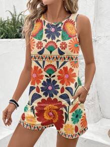 SHEIN LUNE 2 piezas Conjunto informal con estampado floral, apto para tallas grandes, verano - Multicolor - Ver 4