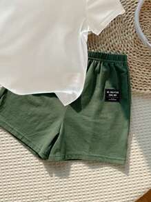 SHEIN 2 件套休闲卡通图案短袖上衣和短裤套装，适合男孩，适合夏季 - 彩色 - 查看 4