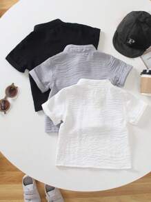 SHEIN 3pcs/Set Baby Boy Casual Tops Clothes Set, Includes Solid Color Button-Up Collar Shirts In Black, White, And Grey, Soft & Comfortable Short Sleeve Top, Suitable For Daily Wear, Travel, Spring Or Summer - White - View 2