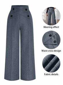 Calvaya 大码女式纽扣腰交叉设计直腿休闲裤 - 藏蓝色 - 查看 1