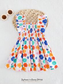 Cozy Pixies Sukienka dla dziewczynki z kwadratowym dekoltem w kwiaty i falbanką, z marszczeniami i ściągaczem w talii, na wiosnę