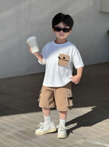 SHEIN Young Boy Loose Cargo Pocket Short Sleeve Shorts Set - White - View 2
