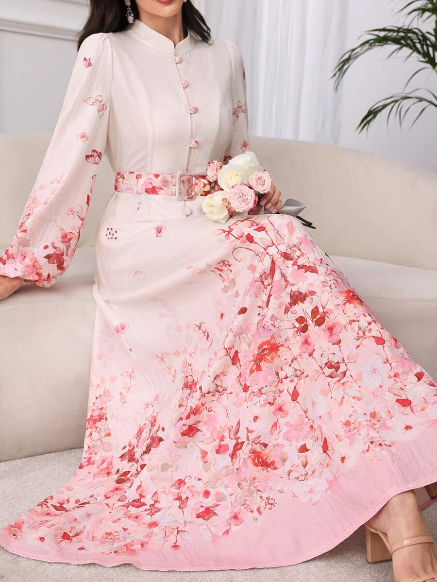 Graceveil 立领图案腰带连衣裙 - 粉色 - 查看 1