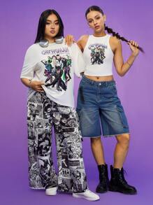 CATWOMAN X SHEIN Traje de talla grande con diseños grandes, camisetas holgadas, mono estampado, pantalones de pierna ancha, bolsillos grandes, estilo cómics estadounidenses, adecuado para ir de compras, blanco, traje de dos piezas CATWOMAN X