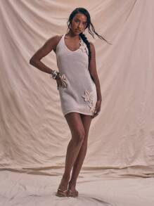 MUSERA Vestido mini ajustado de punto con cuello de halter y estampado floral, conjunto de vacaciones de verano