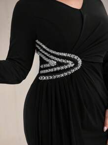 Modelyn Đầm thanh lịch cổ chữ V tay dài đính đá trang trí eo cỡ lớn cho nữ - màu đen - Xem 7