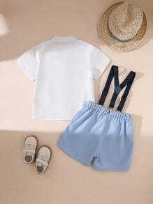 SHEIN Toddler Boys' Gentleman Style Short Sleeve Shirt + Bib Shorts Set, Casual For Spring & Summer