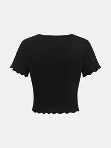 SHEIN Girlism 2pcs Tween Girls Casual Solid Color Knit Crew Neck Contrast Bow Decor Short Sleeve Cute Top Set