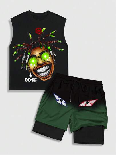 Street Life 2pcs Men's Street Style Y2K Cartoon Print Tank Top Set