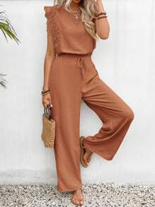 SHEIN Frenchy 2 件套：女式无袖蕾丝短款上衣，纹理面料 - 珊瑚橙 - 查看 5