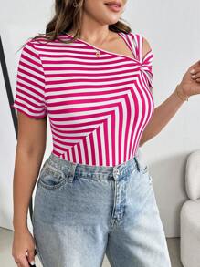 SHEIN Essnce 大码女式夏季休闲修身性感条纹露肩紧身衣，夏季女装，夏季曲线上衣，女式紧身衣