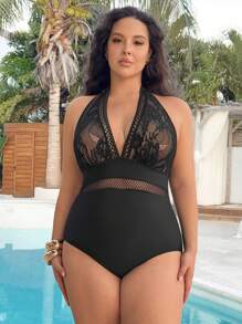 Swim Lushoire Costume da bagno intero taglie forti, in tinta unita con contrasto in pizzo traforato, stile minimalista, adatto per uso quotidiano, vacanze al mare, estate per le donne