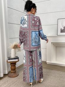 Seusyu 2pcs Women Patchwork Print Long Sleeve Shirt & Long Pants Set - Multicolor - View 5