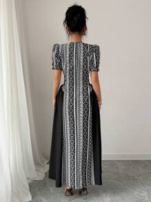 Breezaya Women Rectangular Neck Side Tie Waist A-Line Graceful Dress, Short Sleeve, Geometric Print, Lantern Sleeve, Arabic Style - Black - View 3