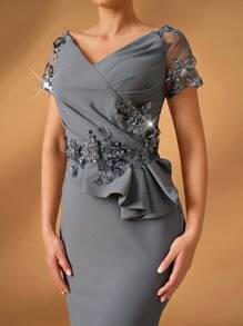 Serin Mùa hè thanh lịch lộng lẫy lãng mạn màu xám đậm sequin thêu khâu co giãn dệt kim trễ vai tay ngắn sequin sang trọng thiết kế đính kết viền đuôi cá mỏng khâu bèo nhún không đối xứng thích hợp cho tiệc tối tiệc độc thân khiêu vũ ngày lễ đám cưới sự kiện tiệc tối váy cô dâu mẹ - Xám - Xem 5