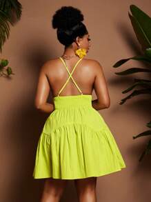 Maweii Plus Size Women Elegant Vacation Style Solid Color V-Neck Tie Waist Asymmetrical Ruched A-Line Mini Dress, Spring/Summer - Yellow - View 2
