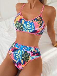Swim Lushoire 2pcs Beach Summer Outfits For Women, Random Print Camisole Top And High Waist Bikini Bottom Swimwear Set