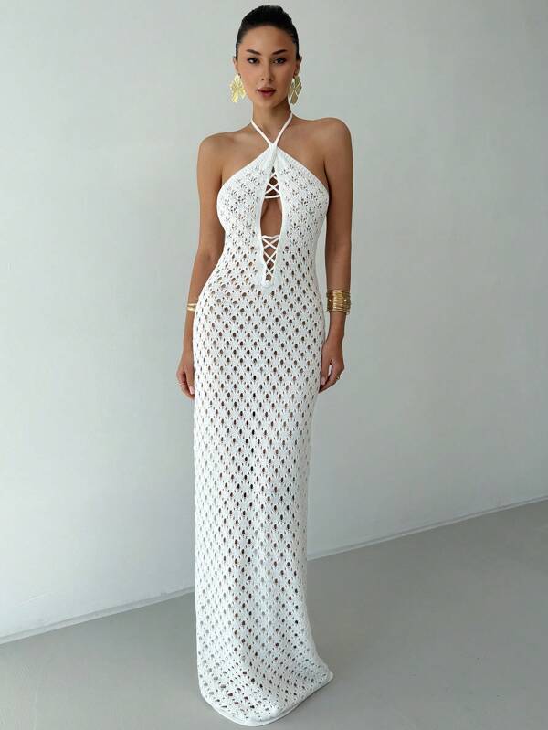 Aloruh New Summer Crochet Dress, Romantic Beach Resort Sexy Hollow Out Crochet Long Dress, Solid White Color Slim Fit Floor Length Beach Cover Up Dress