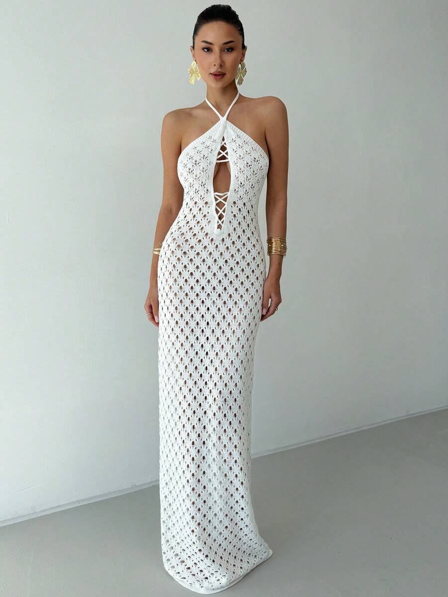Aloruh New Summer Crochet Dress, Romantic Beach Resort Sexy Hollow Out Crochet Long Dress, Solid White Color Slim Fit Floor Length Beach Cover Up Dress - White - View 1