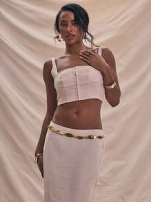 MUSERA 编织亚麻钩眼贴合方领无袖短款吊带背心