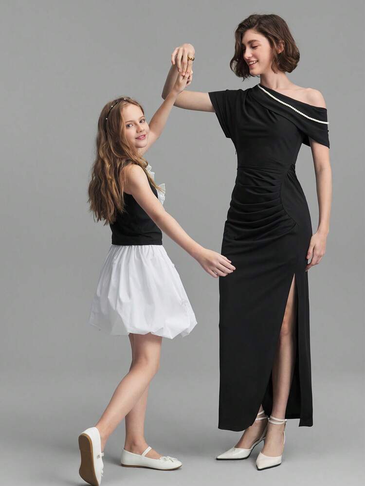 2025 Women Pearl Asymmetric Ruched High Slit Dress