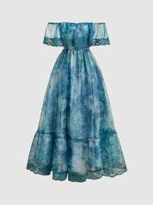 SHEIN MOD 蓝色底边 Bardot 领蕾丝拼布植物印花连衣裙 - 彩色 - 查看 1