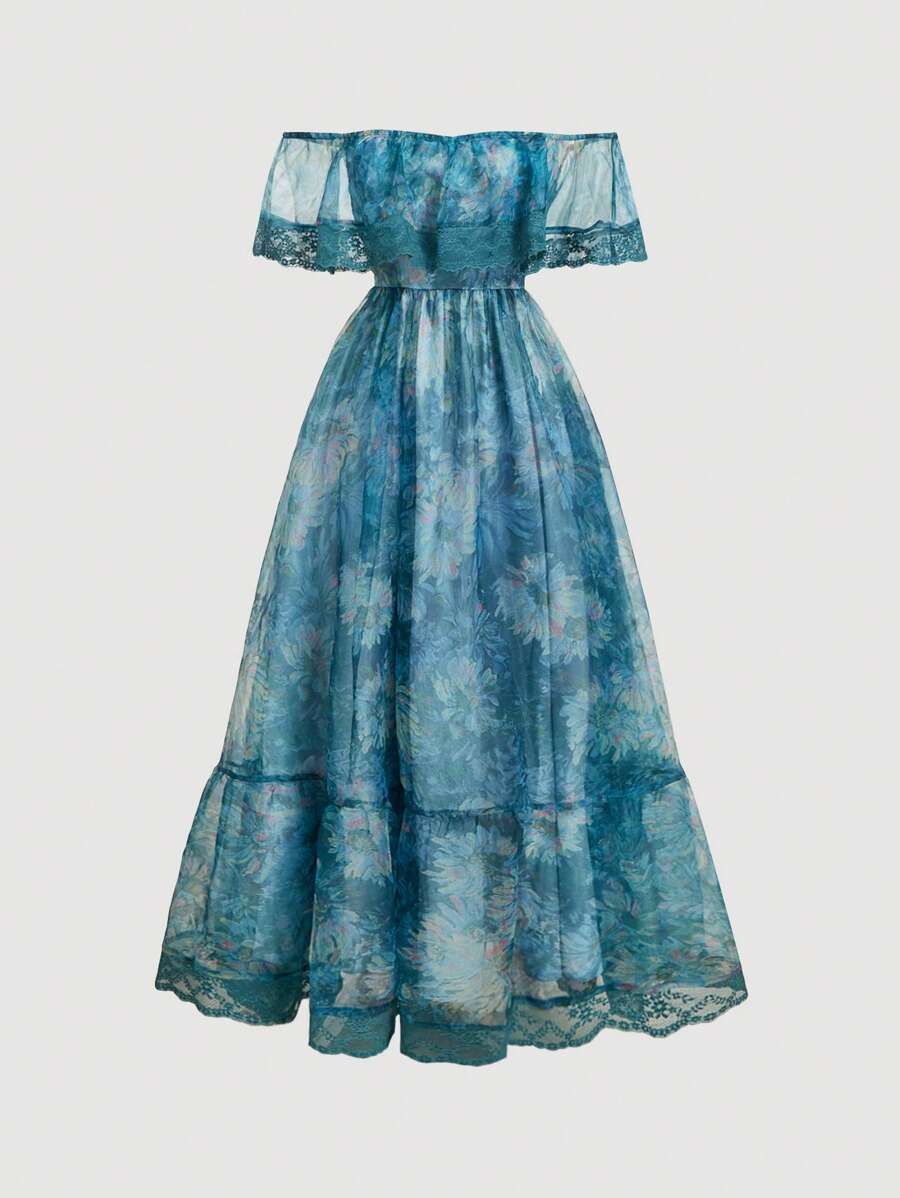 SHEIN MOD 蓝色底边 Bardot 领蕾丝拼布植物印花连衣裙 - 彩色 - 查看 1
