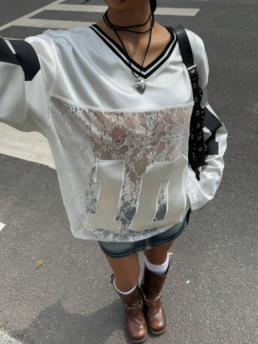 Muchica Camiseta de mujer con estampado numérico bordado y aplicación de encaje - Blanco - Ver 1