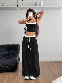 Coolane Conjunto de ropa de primavera/verano para mujer con estilo de calle de moda, parte superior de cami con empalme de colores contrastantes 2 en 1 + pantalones con bloques de color
