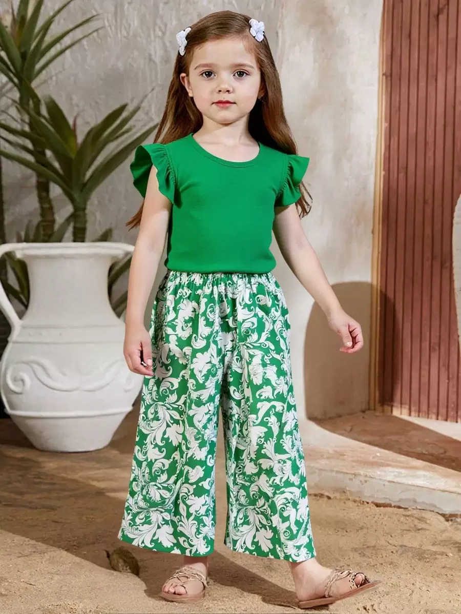 2 件套年轻女孩盖袖上衣和印花直筒裤套装，适合度假、外出和家居穿着 - 綠色 - 查看 1