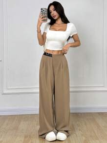 Comfortcana Women's Buckle Waist Pleated Wide Leg Casual Pants