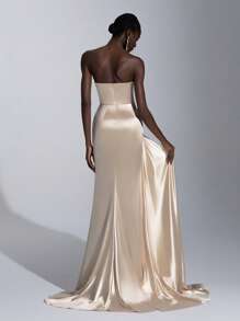 Elitara Váy suông dài màu sâm panh sang trọng, thanh lịch và lộng lẫy, chất liệu satin cao cấp, kim cương thủ công, không dây, xếp ly, đuôi cá xẻ tà gợi cảm, có tua rua và viền váy xòe, thích hợp cho các buổi hẹn hò, tiệc đơn, tiệc cocktail, lễ tốt nghiệp, tiệc tối, tiệc cưới, dạ hội - Rượu sâm banh - Xem 3