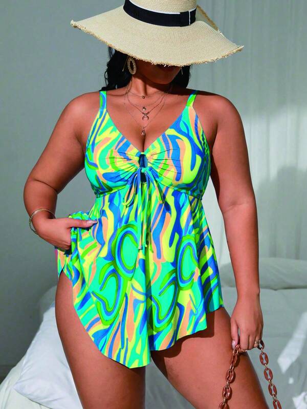 Swim Lushoire 2pcs Plus Size Women Random Printed Tankini Swimsuit Set, Fashion Casual Resort Swimdress