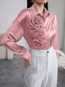Modelyn 1 件女式纯色贴花长袖单排扣优雅衬衫 - 粉色 - 查看 6