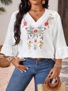 Linhara 大码女式花卉刺绣休闲衬衫，上衣适合派对、聚会、街头、春季、夏季、圣帕特里克节、复活节、春假、波西米亚风节日 - 白色 - 查看 3