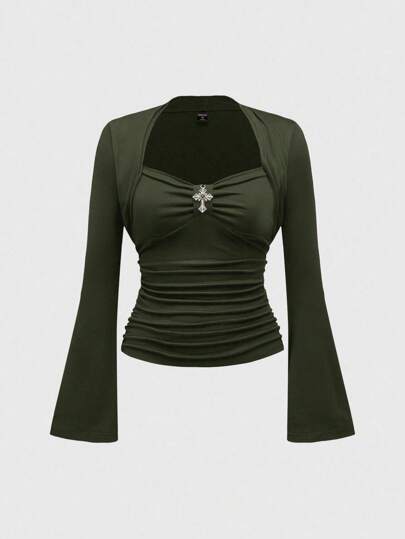 Vintage Palast Goth Kreuz Anhänger einfarbiges elastisches Langarm T-Shirt für Frauen