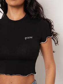 SHEIN Unity Top Sagittarius Embroidered Astrology Star Sign Everyday Casual Streetwear Lettuce Hem Birthday Gift Cotton Thanksgiving Christmas NYE New Years Eve Outfits For Women T Shirt - Black - View 4