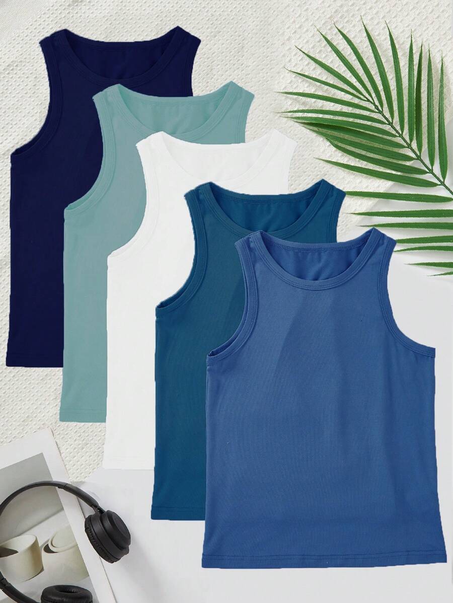 SHEIN 5 قطع / مجموعة ملابس داخلية صبي اللون الأحادي، قمصان أكمام الخصر مناسبة للصيف، بتصميم بسيط وأنيق