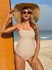 SHEIN One-Piece Maternity Elegant Beautiful Back Sleeveless Rib-Knit For Summer Beach Vacation - Apricot - View 4