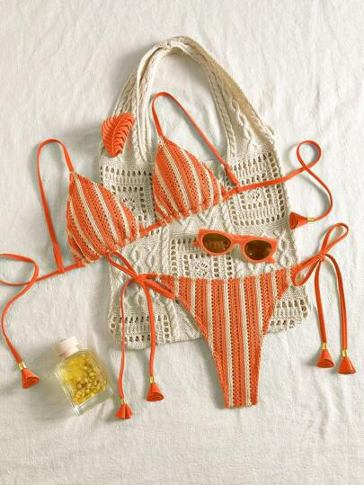 Swim Mod Women 2pcs/Set Summer Vacation Beach Outfit, Hollow-Out Textured Fabric Striped Tie Front St. Patrick's Day Bikini Set