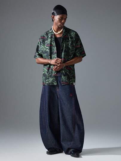 NEON BLANC Men's Streetwear Letter & Leaf Print Short Sleeve Woven Shirt