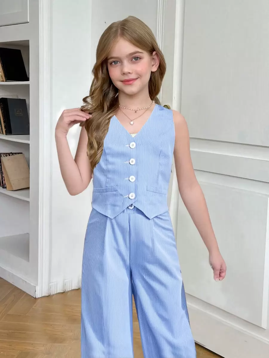 SHEIN Leap Crew 2pcs Tween Girls Casual & Comfortable V-Neck Sleeveless Top & Pants Set - Blue - View 1