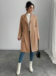 Rafferiza Chaqueta regular de mujer de unicolor, de doble botonadura, con bolsillos laterales, de imitación - Caqui - Ver 6