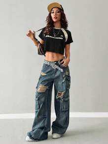 Coolane Women's Summer Daily Wear Preppy Streetwear Vintage Sportswear Casual Music Festival Knit Letter Print Stretchy Woven Tape Patchwork Color-Blocked Burgundy Loose Cropped Raglan Sleeve Black Jersey T-Shirt