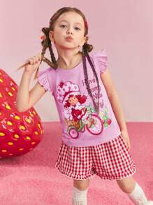 Strawberry Shortcake X SHEIN Young Girl Strawberry Printed Cute Short Cap Sleeve T-Shirt